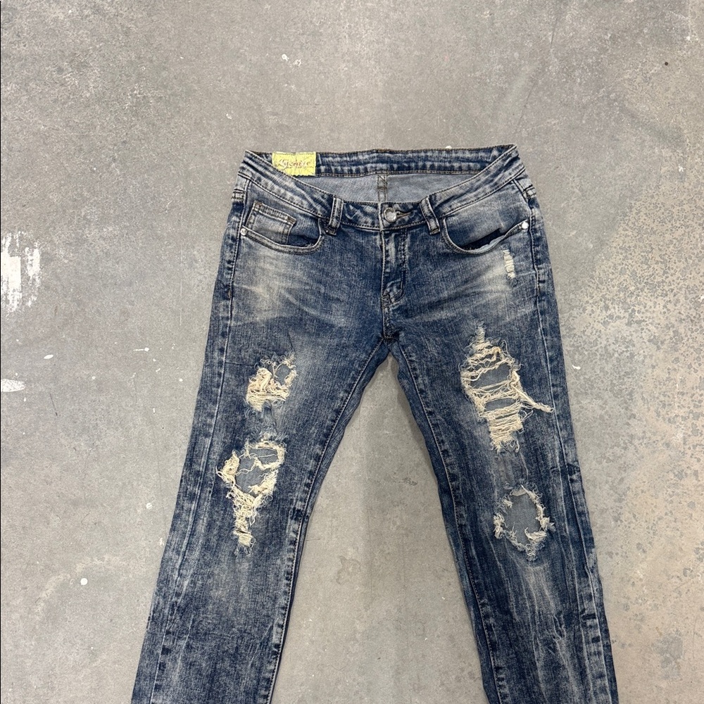 Machine Distressed Dark Blue Boyfriend Jeans